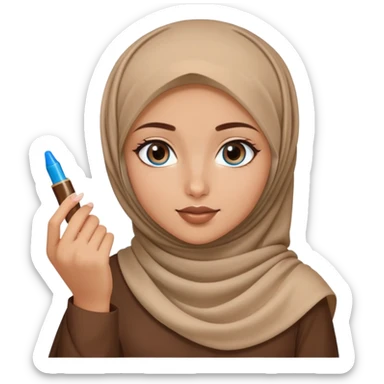 Turkish beautiful finish Konya blonde girl blue eyes with brown beige hijab islamic dress and had on her hand brown lipgloss sticker