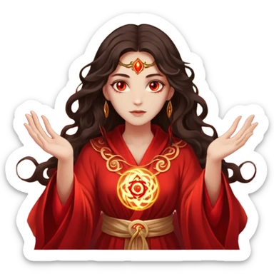 a mystical woman with beige skin, wavy dark brown hair, and glowing red eyes. She wears a flowing red and gold robe with arcane symbols, and red magical energy swirls around her hands.  sticker