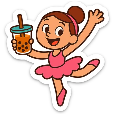 a cartoon ballerina holding a cup of boba tea, cheerful, vibrant toon style, lively and fun sticker