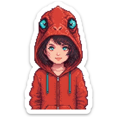 Minecraft pixel art face of Roxy, with red dinosaur onesie hood, dark hair, beard, matching the reference sticker