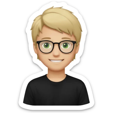 Generate me a profile picture like with a teenage boy who has dirty blond hair, green eyes, glasses and a black t-shirt sticker
