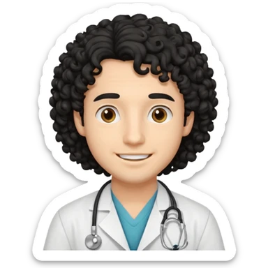 a young male doctor with black long curly hair and cheerful face without gpasses sticker