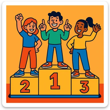 Three casually dressed people on a winners’ podium (2, 1, 3 left to right), each on their step. Center person on 1 holds up one finger on each hand. Fun, expressive, cheerful style. sticker