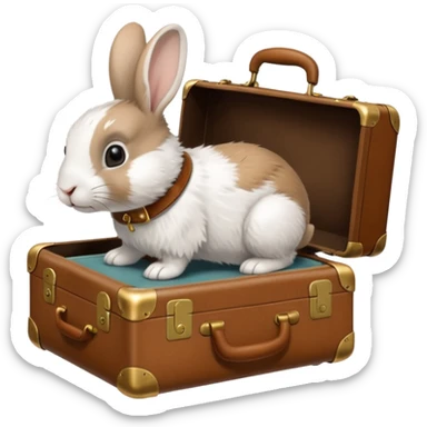 A curious rabbit nudging a tiny suitcase with its nose sticker