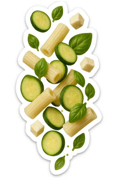EMOJI STILE IPHONE DI Pasta di riso con zucchine, basilico e feta cade verticalmente, iperrealistica 4k sticker