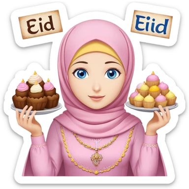 Turkish beautiful finish Konya girl blue eyes with powder pink yellow hijab islamic dress and had on her hand text Eid Mubarak with sweets and celebrating with her friends eid days   sticker