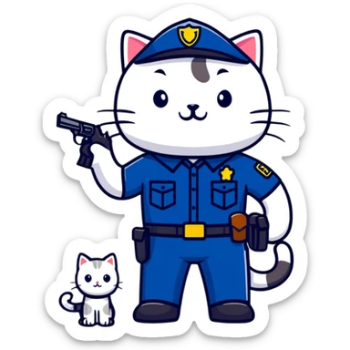 a police officer standing next to a mischievous cat holding a toy gun sticker