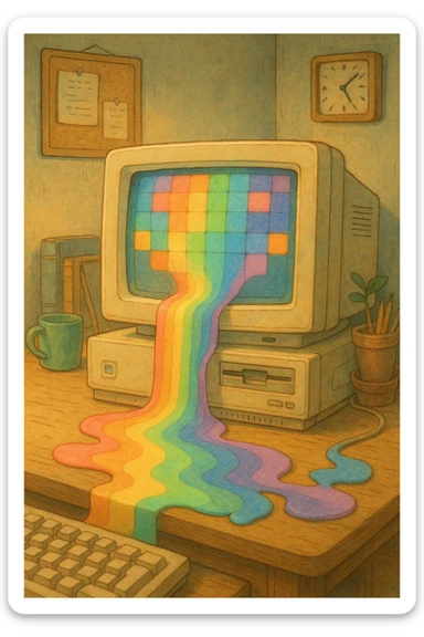 vintage computer monitor with rainbow pixels pouring out, ghibli style sticker