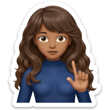 Uzun kahverengi dalgalı saçlı kahverengi gözlü esmer perçemli üzerinde lacivert parmak detaylı body olan bir kız yap sticker