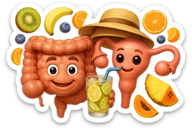 EMOJI STILE IPHONE DI INTESTINO E UTERO UMANI REALISTICI CON CAPPELLO DI PAGLIA DA SPIAGGIA CHE BEVE UN Tè FREDDO IN BICCHIERE DI VETRO CON DENTRO  fette di cetriolo, limone, lime, DIETRO L'INTESTINO FLUTTUANO PEZZETTI DI Kiwi
Banana acerba
Arance e mandarini
Mirtilli
Ananas
Papaya
IPERREALISTICO 4K sticker
