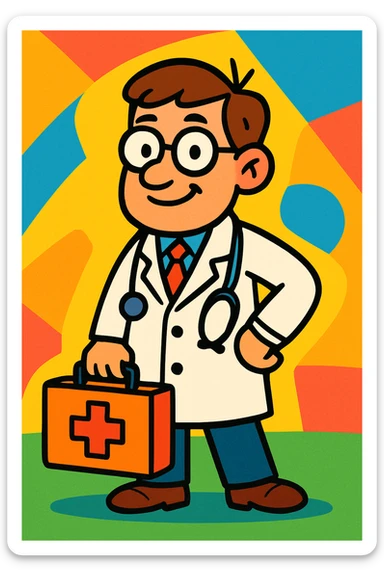 doctor with medical briefcase, cartoon style sticker