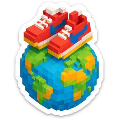 isometric view of Earth globe with a pair of Nike Cortez sneakers walking on top, voxel style sticker