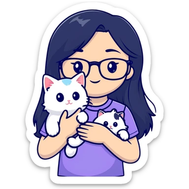 Beautiful girl with long black hair and glasses holding a white kitten sticker