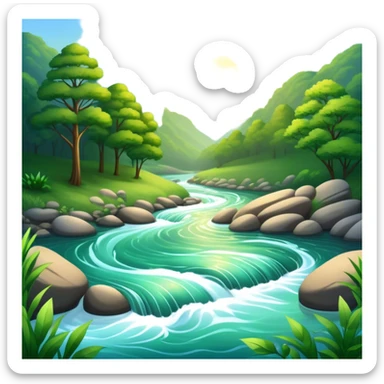 Cinematic Realistic River Emoji, Serene and flowing, with sparkling water meandering through lush greenery, surrounded by trees and rocks. The sun dances across the rippling surface, creating glimmering reflections while birds fly overhead. Soft glowing outline, capturing the essence of peacefulness and tranquility in a meandering river. sticker