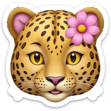 eyes closed, A leopard with peaceful smile, A pink flower with a yellow center is tucked behind its right ear
 sticker