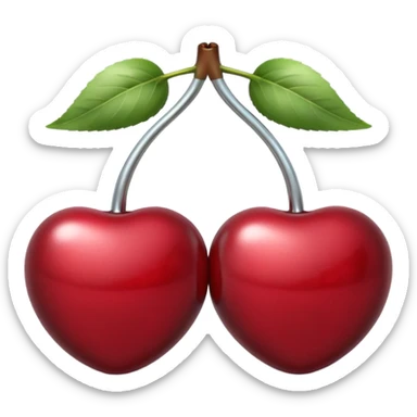A pair of cherries emoji made of polished silver chrome, smooth rounded shapes, glossy metallic finish, soft highlights and reflections, cute proportions, iOS emoji style, centered, clean white background, no text sticker