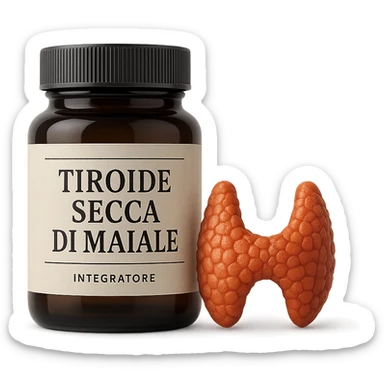 supplement jar labeled 'Tiroide Secca di Maiale' next to a small stylized thyroid illustration, isolated on white, hyperrealistic 4K sticker