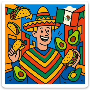 festive Cinco de Mayo cartoon of a tall white American with blonde hair, smiling, wearing a colorful poncho, holding a taco and an avocado, waving a Mexico flag, surrounded by tacos and avocados, on a lively street background, bright and bold colors sticker
