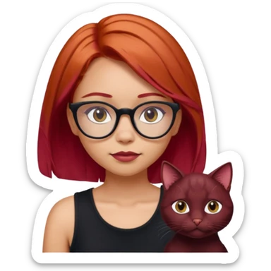 iPhone emoji of a girl with light red hair, shoulder-length hair, a small mole above her left eyebrow, wearing a black sleeveless top, and subtle dark maroon cat-eye glasses. sticker