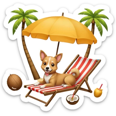 a dog laied on a beach chair, a sunny beach, a sun umbrella, and beach coconut trees. the icon should capture the essence of a relaxing beach vacation with a carefree atmosphere sticker