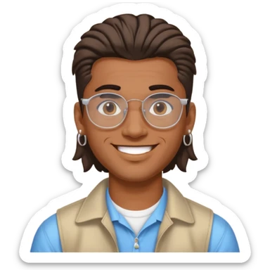 chico moreno con piercing en la ceja, pendientes, corte mullet y gafas y2k, expresión sonriente sticker