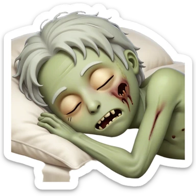 Meme-Worthy Cute Sleeping Zombie Portrait Emoji, with a delightfully quirky, slightly disheveled decaying face in soft ashen hues, head tilted back in peaceful, relaxed sleep with softly closed eyes and a tiny, endearing smile, simplified yet irresistibly charming, highly detailed with a soft eerie glowing outline that captures the gentle, unexpected cuteness of a zombie in serene repose! sticker