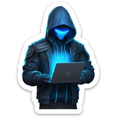 developer behind his laptop with this style : crysis Cyberpunk Riot Games Valorant neon glowing bright blue character blue black hooded assassin themed character sticker