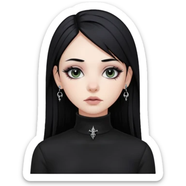 goth girl, straight black hair, verticals labret piercing, black mock neck shirt sticker