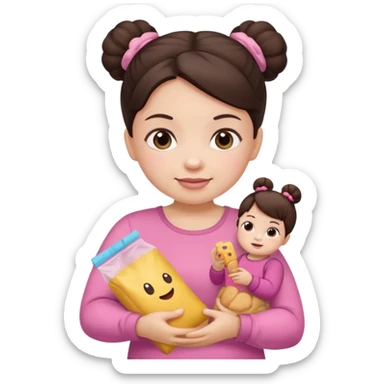 Cute small Toddler emoji with two buns dark brown hair, fair skin, in pink top, holding toddler snacks sticker