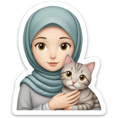 White hijab girl with printed hijab holding grey tabby cat sticker