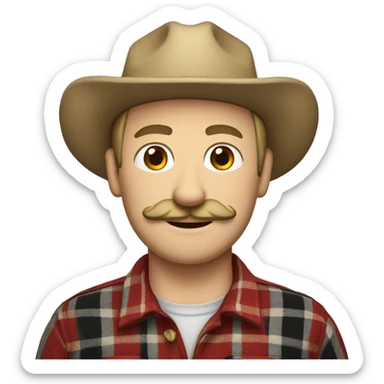 blond-haired, brown-eyed 44-year-old man with a mustache and ponytail and wearing a corduroy cap and a plaid shirt sticker
