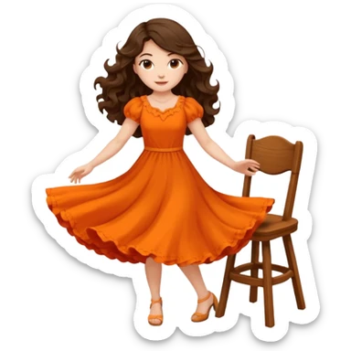 Long dark wavy hair women in orange standing and twirling around a chair  sticker