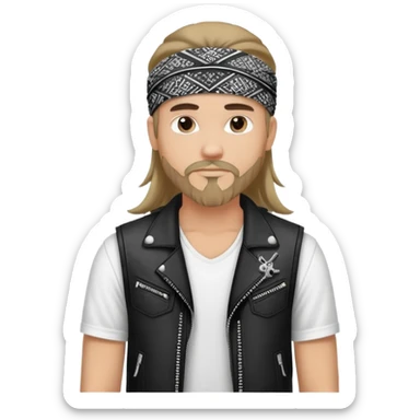 Guy wearing black and white patterned bandana as a headband with goatee and long hair, wearing white tshirt with black biker vest sticker
