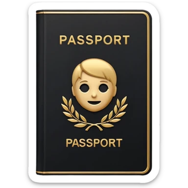Minimal emoji icon of a black passport, matte cover, simple gold emblem, clean lighting sticker