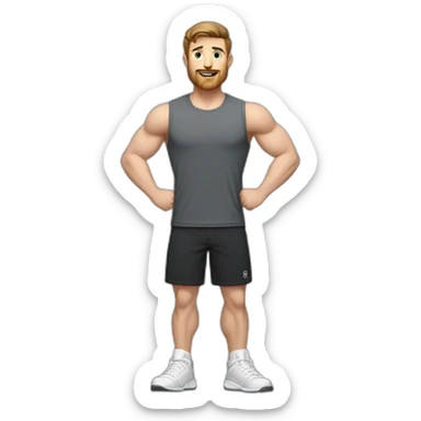 Full height Actively gesturing with hands Pale skinned Fit Man With the biceps and brown hair in dark gray Sleeveless Mike, black oversize sports shorts, watch and white Sneakers sticker