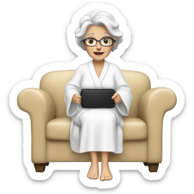 White 60 year old woman wearing a white robe watching tv from a couch  sticker