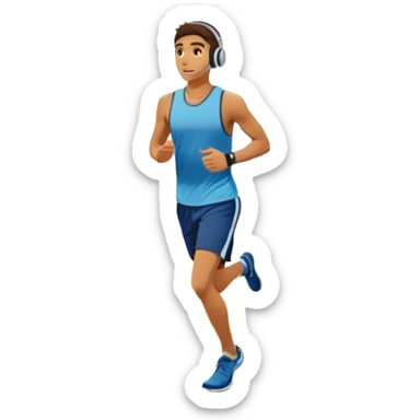 A runner wearing sports headphones jogs along a scenic waterfront promenade. The path is lined with trees, and the calm water reflects the golden hues of sunrise. In the background, a city skyline and distant mountains create a picturesque view. Transparent background enhances the motion. sticker