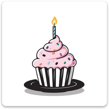 A single decorated birthday cupcake with swirled frosting, colorful sprinkles, and a lit candle on top. Using pastel colors (pink, light blue, lavender, peach). Hand-drawn doodle style with festive details. Cute celebratory design. sticker