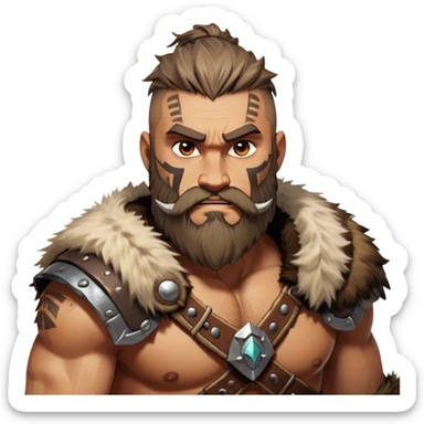 Clash of Clans style: Cinematic Rugged Barbarian Portrait Emoji, Intense and formidable with a stylized build, a rugged beard and expressive eyes, adorned in playful, battle-worn furs and cartoonish armor with tribal markings, Simplified yet powerfully detailed features, highly detailed, glowing with a deep, adventurous energy, high shine, spirited and determined, stylized with an air of raw, untamed power, soft glowing outline, capturing the essence of a barbarian warrior ready to lead epic quests! sticker