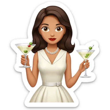 Beautiful woman in 1950’s woman fashion look, white dress, long dark brown hair, martini  sticker