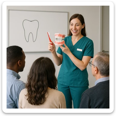 dental hygienist as an educator, holding a toothbrush and teaching a group, in a professional setting sticker