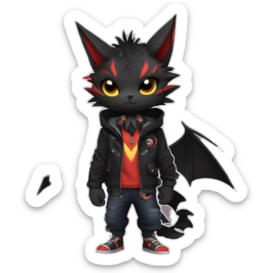 Cool Anthro Black Bat-Nargacuga-Litten-cat-Pokémon with edgy stripes hoodie spiked collar punk Full Body sticker