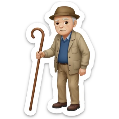 Old man leaning on a walking cane and holding his crancky back with his hand, grumpy face, detailed sticker