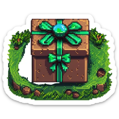 cinematic voxel gift box with earth-brown clay-flecked sides, neon-green grass top, glossy emerald ribbon with beveled edges, bow forming two symmetrical viewing scopes, floating mid-air, soft ambient light and deep shadows, dramatic violet background, pixel-art nostalgia and discovery sticker