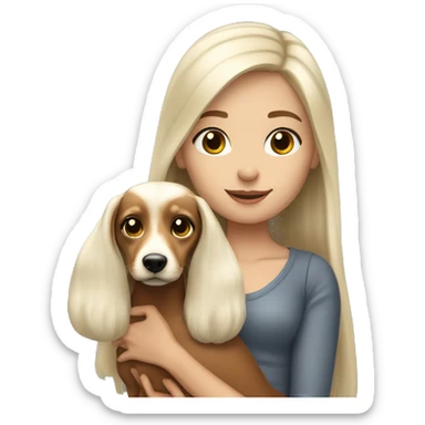 White long hair brunette girl holding blonde doxie sticker