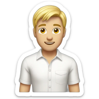 blond short hair man skinny slight stubble white shirt sticker