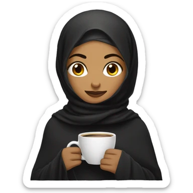 Indian woman with long black hijab with blanket with a cup of cofee sticker