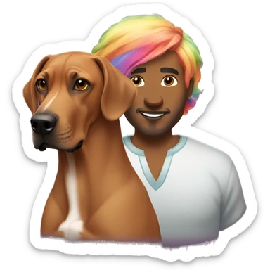 white male with long rainbow colored hair standing alongside a brown rhodesian ridgeback sticker