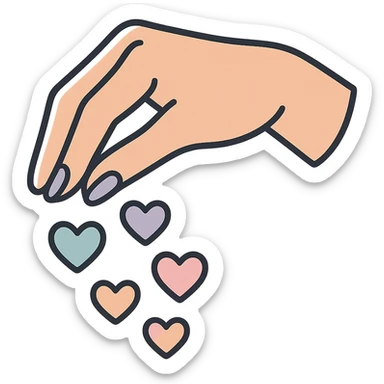 female hand sprinkling hearts like seasoning, icon-color-outlined style, thin clean contours, soft rounded shapes, pastel palette #98B5BC, #B5B3C1, #C9A3C9, #E4C0CA, #F7DCD1, #F7C0AA, modern Japanese pop-art and sticker aesthetic, detailed shadows and highlights, soft lighting, transparent background sticker