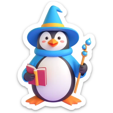 charming penguin wizard wearing a pointed hat and holding a book sticker